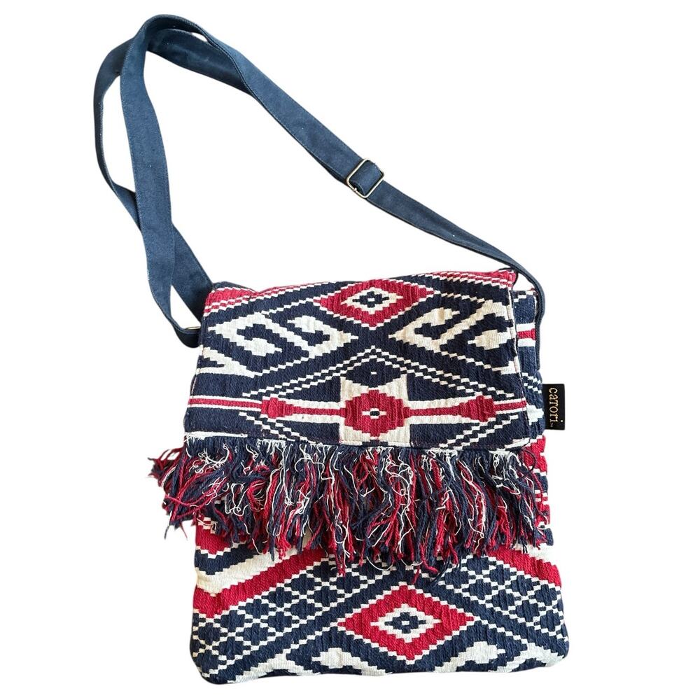 Catori Boho Woven Crossbody Bag Fringe Southwestern Red Blue Tribal Aztec